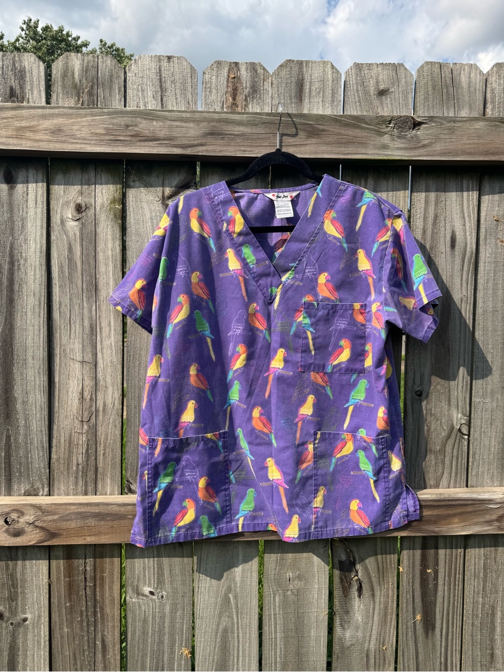 Just Love Purple V-Neck Short Sleeve Top with Multicolor Parrot Print